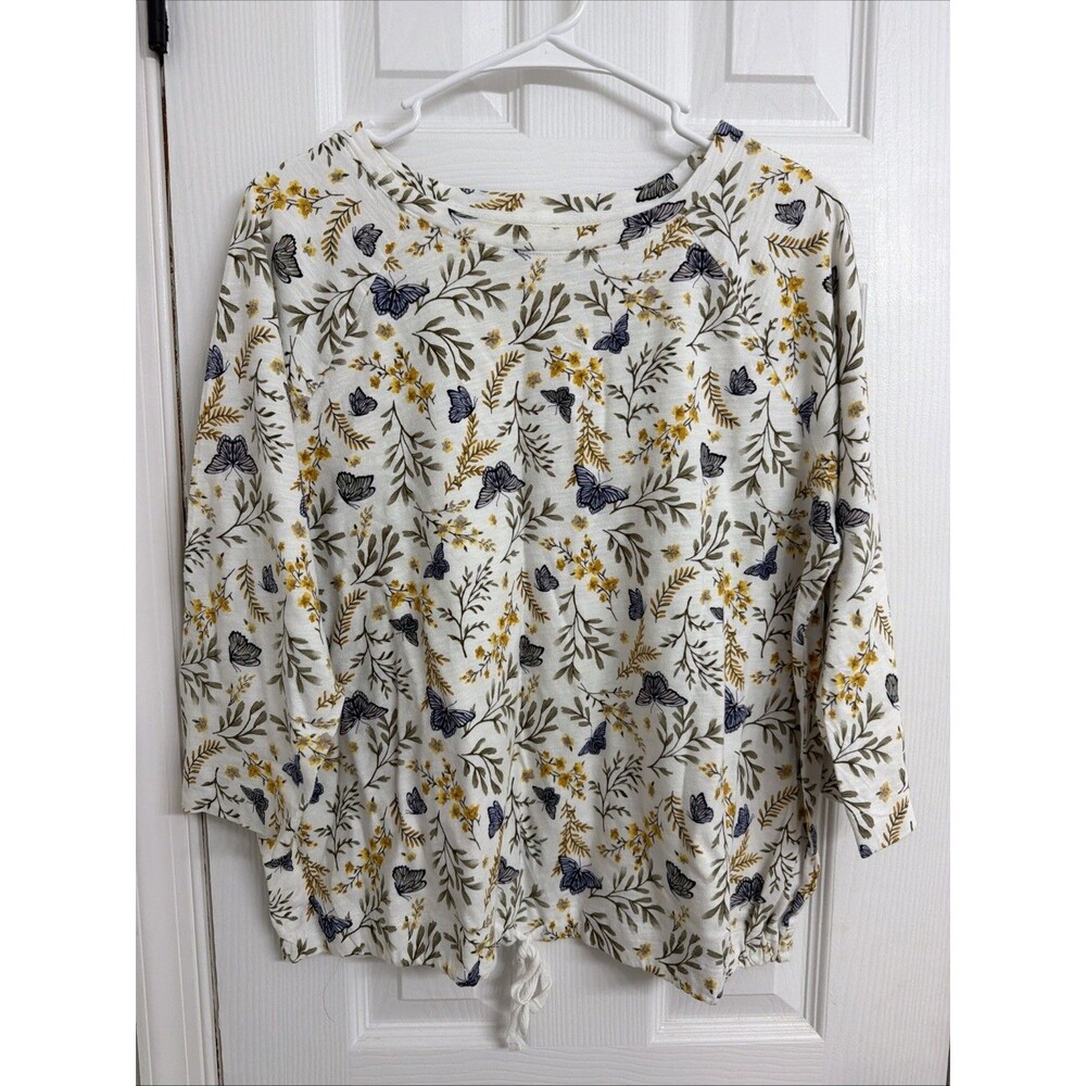 Preswick & Moore Butterfly Floral 3/4 Sleeve Cotton Top Large